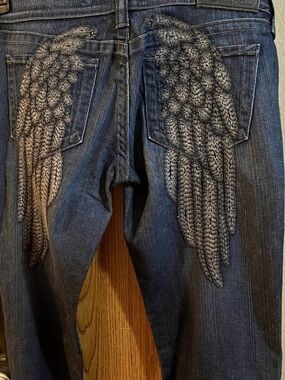 🎀😈🎀😈🎀😈Sinful Blue Bootcut Jeans with White Wing Embroidery🎀😈🎀